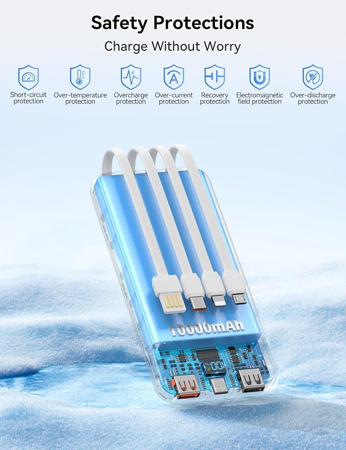 Nusyddy Portable Charger 10000mAh 22.5W w/4 Built-in Cables/6 Outputs White | 22.5W Fast Charging, LED Display, Pass Through Charging, Charge 6 Devices at once, TSA Approved, Fits iPhone, iPad, Samsung - Image 8