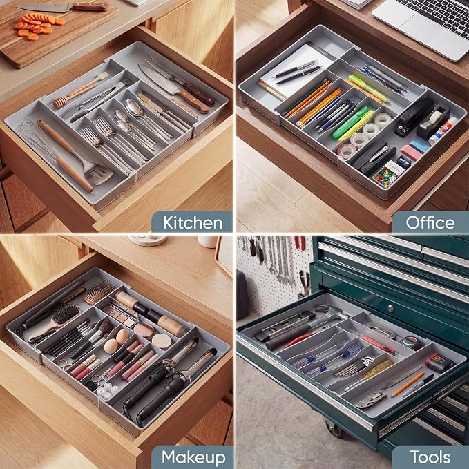 Silverware Drawer Organizer, 9 Slots Expandable Kitchen Drawer Organizer | Extra Large Utensil Holder & Cutlery Tray, Heavy Duty Stainless Steel Frame Flatware Organizer, Non-Slip Feet Included, Gray - Image 5