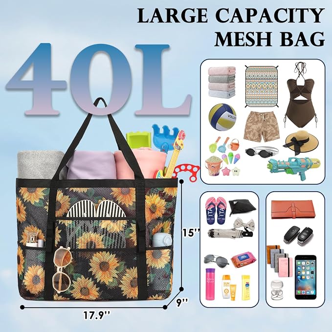 Fammart Mesh Beach Bag for Women, Large Beach Toy Pool Bag with Zipper Pocket, SandProof Cruise Essentials 2026 Family Travel - Image 4
