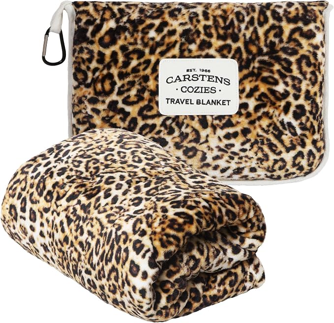 Carstens, Inc. Travel Blanket, Premium Compact 2-in-1 Airplane Blanket/Pillow, Leopard Print by Carstens