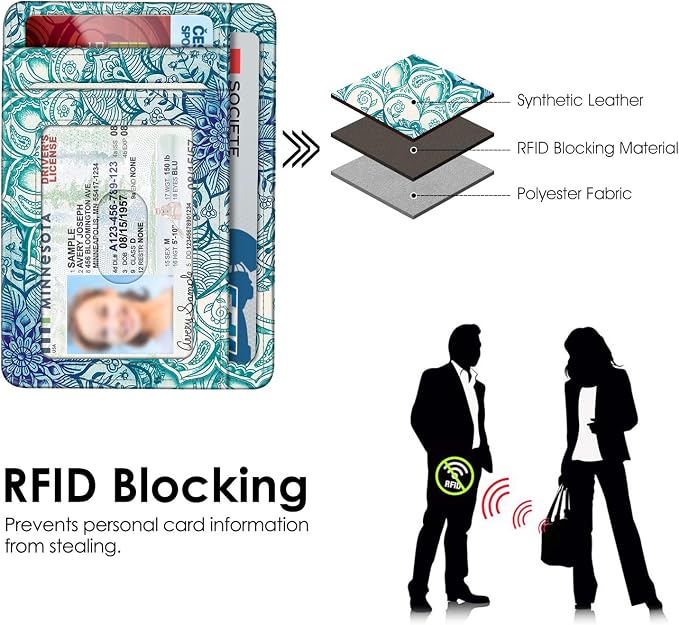 FINTIE Slim Front Pocket Wallet, RFID Blocking Credit Card Holder | Minimalist Card Cases with ID Window for Men Women, Emerald Illusions - Image 5