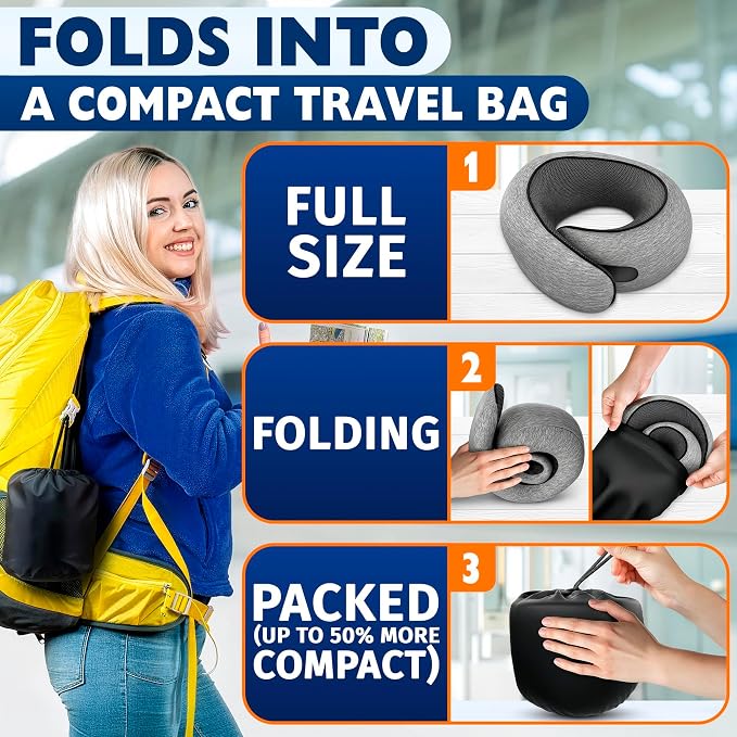 Travel Neck Pillows for Airplanes, 4-in-1 Set, 360° G-Shape | Memory Foam Airplane Pillow for Sleeping on Long Flights, Car & Train; Washable Cover, 3D Eye Mask, Earplugs & Bag (Updated) - Image 8