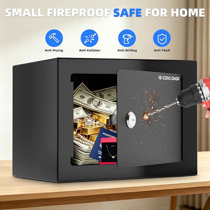 CDC DIGI Steel Security Safe Box with Key Lock,Safe Box for Home, Office, Money, Jewelry, Documents and Valuables, 0.23 Cubic Feet, 9.06" W x 6.69" D x 6.69" H, Black - Image 4