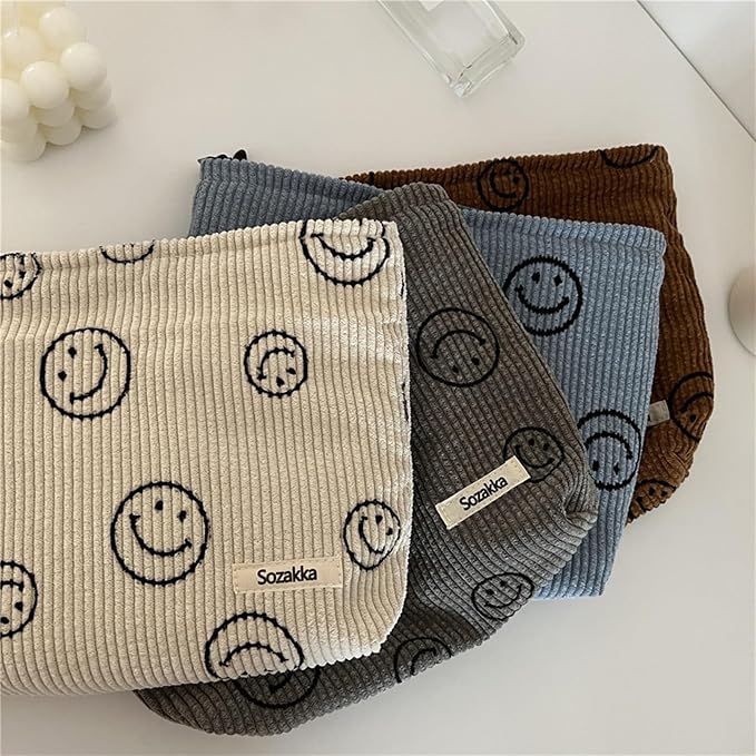 Cosmetic Bags for Women - Corduroy Cosmetic Bag Aesthetic Women Handbags Purses Smile Dots Makeup Organizer Storage Makeup Bag Girls Case Bags (A-Beige) - Image 5