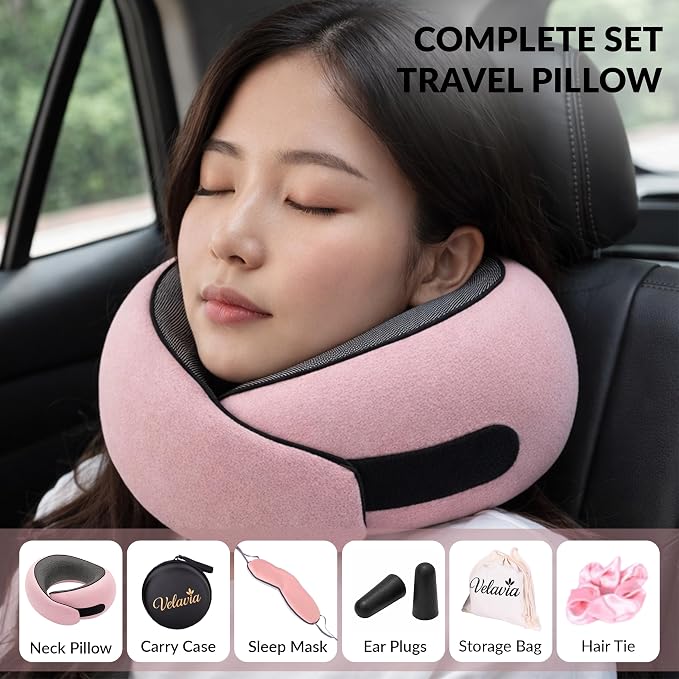 Travel Neck Pillow,Ergonomic 360° Memory Foam Support for Head, Neck. Adjustable for Long Flights. Soft &Washable Cover, EVA Box, 3D Eye Mask, Earplugs, Hair Tie & Luxury Bag (Pink) - Image 8