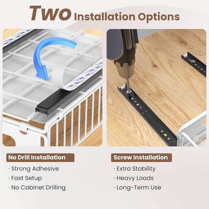 4 Pack Pull Out Cabinet Organizer, Heavy Duty Slide Out Drawer with No Drill Adhesive or Screw Mount, Carbon Steel Roll Out Shelf for Kitchen Cabinet, Pantry & Bathroom Storage - Image 6