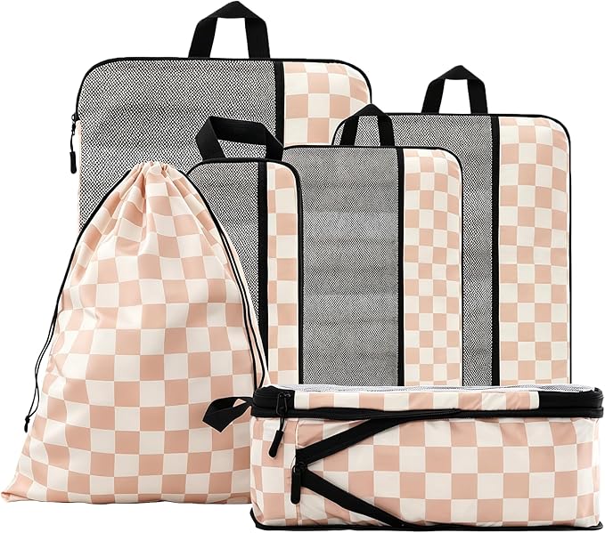 U+U 6 Set Compression Packing Cubes, Travel Organizers (Khaki Checkered) | Space-Saving & Drawstring Bag Included by UU