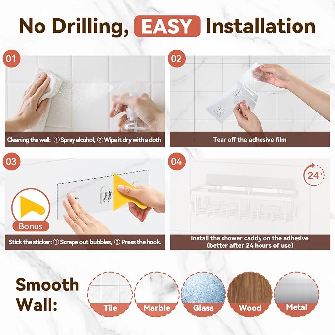 Shower Caddy Adhesive, Rustproof Shower Organizer, Wall Shower Rack | Large Capacity Shower Shelves for Inside Shower, Shampoo Shower Holder, White, 3 Caddies, 1 Soap Dish, 1 Toothbrush Holder - Image 9
