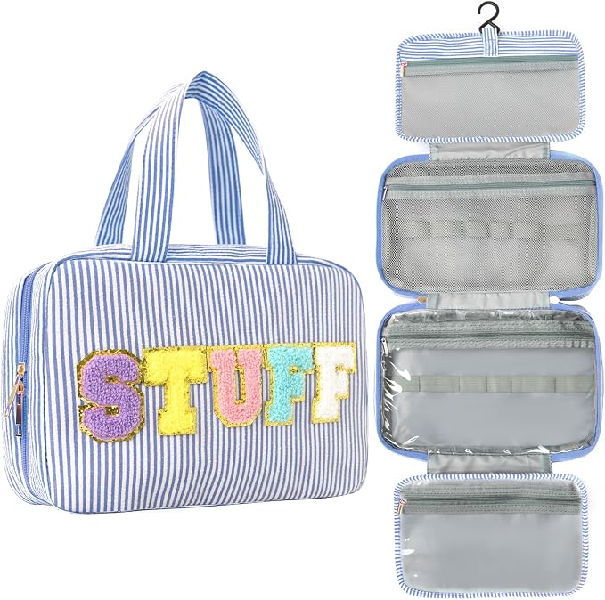 Hanging Toiletry Bag for Women Chenille Letter Travel Cosmetic Bag Fashion Stripes Water-resistant Makeup Bag for Store Toiletries Cosmetic Accessories Medium Blue by Unknown