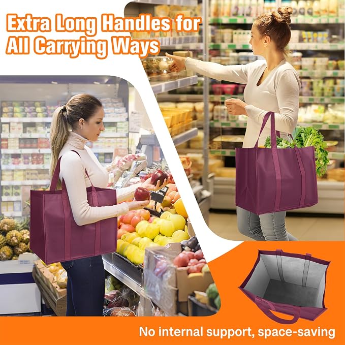 WISELIFE Reusable Grocery Bags, Foldable, Lasting Use, 35L, 4 Pack, Claret | Large Shopping Bags with Reinforced Stitching, Water-Resistant Grocery Totes for Kitchen, Market, Car Trunk, Picnic - Image 3