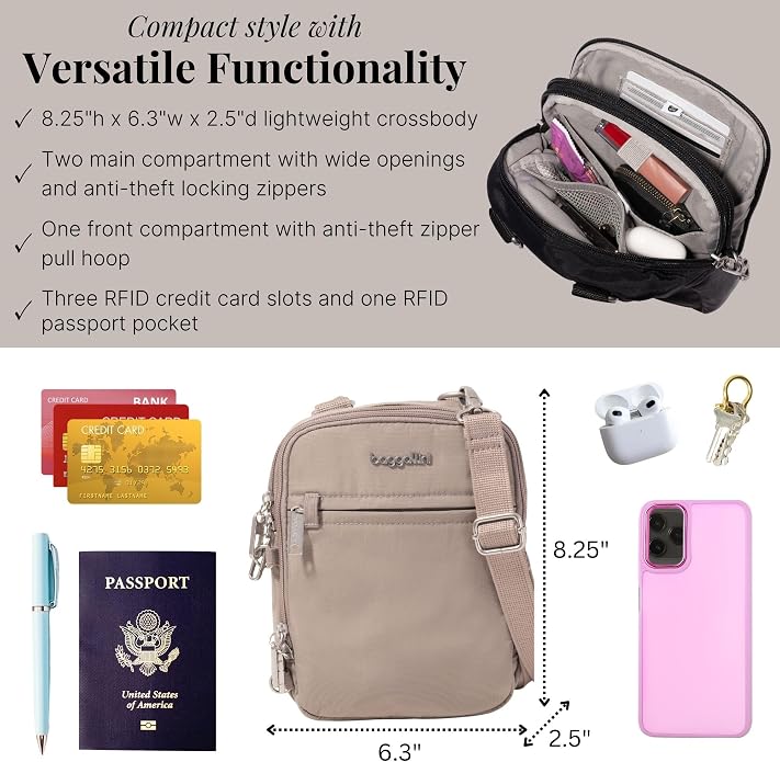 Baggallini Securtex® Anti-theft Mini Everything Crossbody Bag, 6.3"x8.25" Rfid, Locking Zippers & Cut-resistant Strap - Image 4