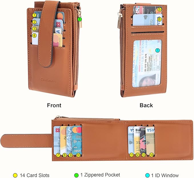 Chelmon Women's RFID Slim Card Holder Wallet | Thin Bifold Multi Card Case with Zipper Coin Pocket Purse for Women(Tan) - Image 4