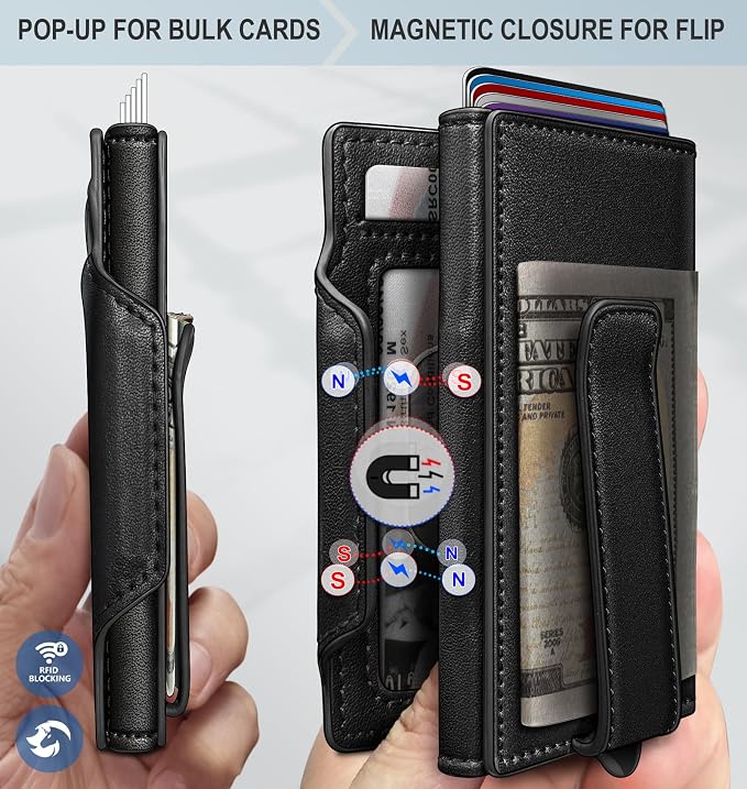 Wallet for Men, Slim Pop Up Card Holder with RFID Blocking, Minimalist Bifold Wallet with 10 Card Slots, 2 ID Window and Money Clip, Metal Flip Case with Magnetic Closure, Gift Box - Image 3