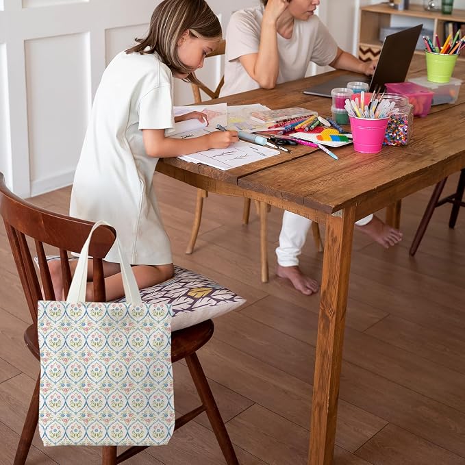 Grandmillennial Blue Floral Tote Bag for Women,Blue Floral Reusable Shopping Grocery Bags - Image 3