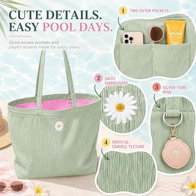 CYD Vacation Tote Bag for Women, Reversible Pink Green Beach Carryall | Vacation tote bag for women and pool bag for women with reversible style, outer pockets and soft packable comfort. - Image 4