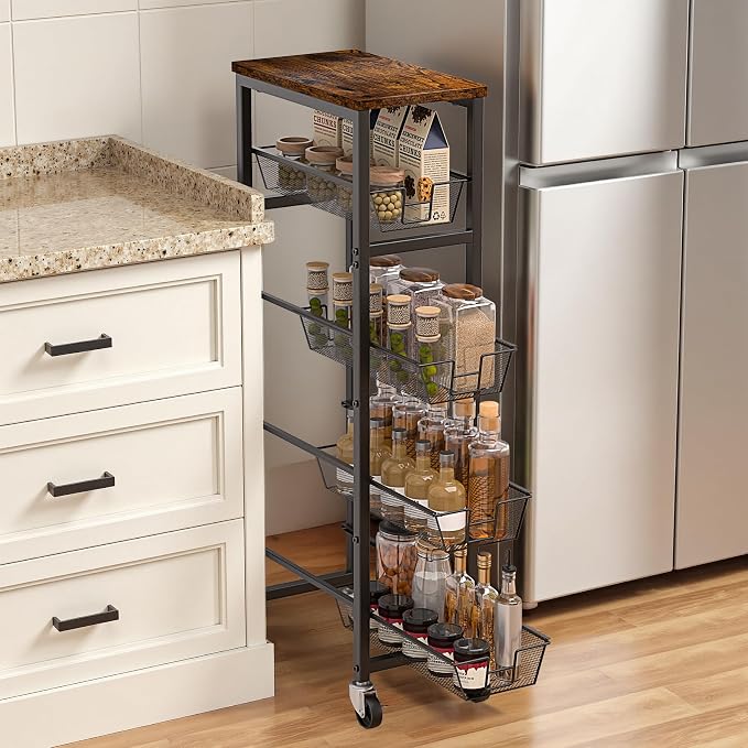 Slim Rolling Cart, 5-Tier Storage Cart, 9.1inch Narrow Kitchen Rolling Cart on Wheels for Small Space, Utility Cart Shelving Unit with Wooden Top and Metal Handle for Kitchen, Bathroom, Laundry Room by HONESTOUTFITTERS