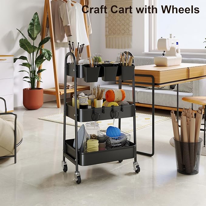 3 Tier Metal Rolling Cart with Lockable Wheels,Black Three Tiered Art Carts | Utility Storage Organizer Caddy on Wheels for Bathroom, Kitchen, Laundry, Garage, Office, Paint,Craft, Baby,Diaper,Snack,Book - Image 5