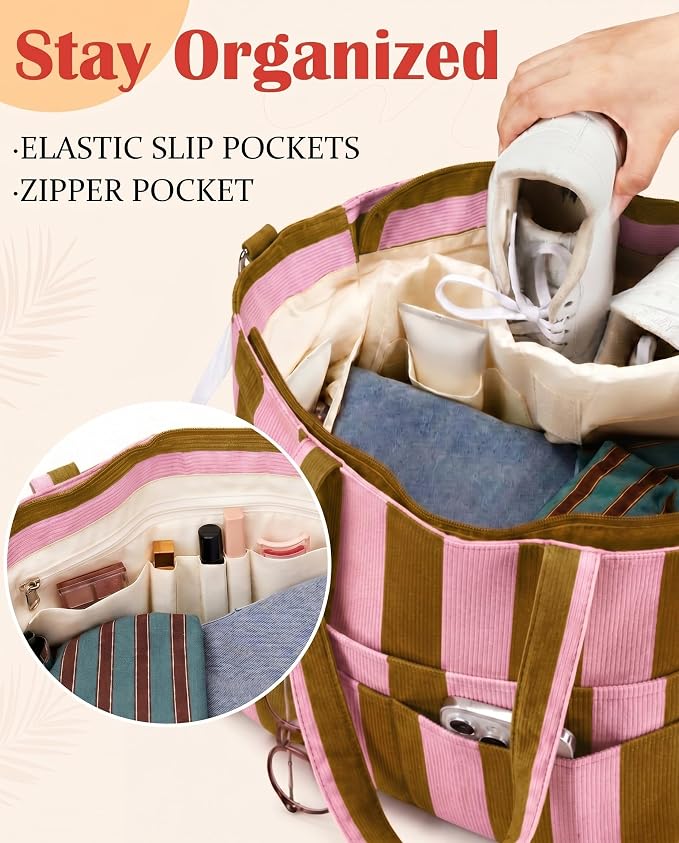 Kacctyen Striped Beach Tote Bag for Women Large Beach Foldable Tote Bag with Zipper Pockets for Travel Pool - Image 7