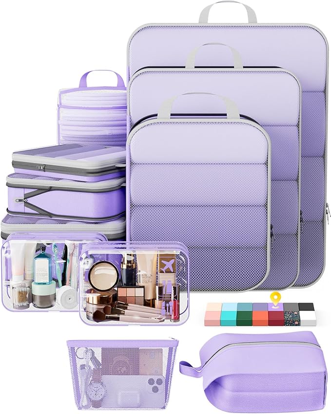 Veken 11 Set Compression Packing Cubes Garment Bags for Travel Essentials,Compressible Expandable Luggage Organizer Bags for Clothing,Space Saver Bags with Over 1000 pcs of Mesh Holes(Light Purple) by Veken