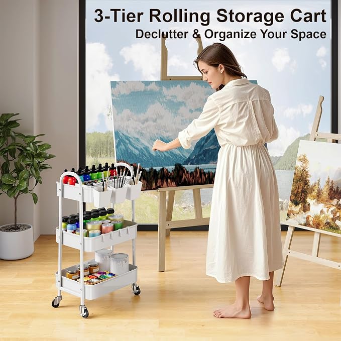 3 Tier Heavy Duty White Metal Rolling Cart with Lockable Wheels,Roller Cart | Three Tier Book Snack Cart, Utility Storage Organizer Carts for Kitchen, Bathroom, Garage, Baby Diaper, Craft, Art, Teacher - Image 2