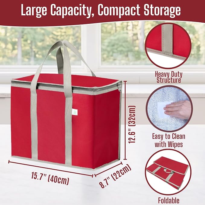 VENO 2 Pack Cooler Bag Insulated Grocery Bags for Food Delivery Heavy Duty | Large Collapsible Cooler, Reusable Shopping Tote w/ Zippers, Foldable, Stands Upright, for Groceries Camping (Red, 2 Pack) - Image 2
