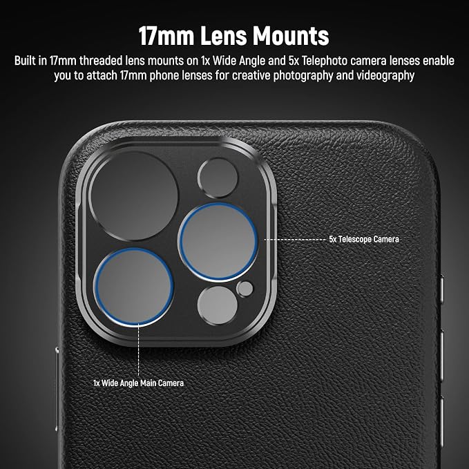 NEEWER Phone Case for 16 Pro Max, TPU/PC Protective Heavy Duty Case with 17mm Lens Mounts, 67mm Thread Filter Adapter, Nonslip Faux Leather, Compatible with iPhone 16 Pro Max MagSafe, PA084 Black - Image 4