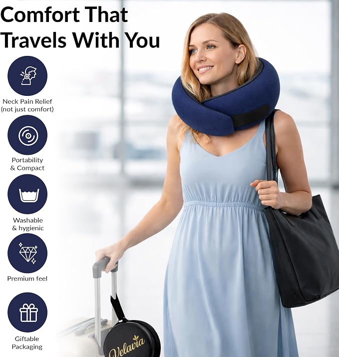 Travel Neck Pillow,Ergonomic 360° Memory Foam Support for Head, Neck. Adjustable for Long Flights. Soft &Washable Cover, EVA Box, 3D Eye Mask, Earplugs, Hair Tie & Luxury Bag (Dark Blue) - Image 2