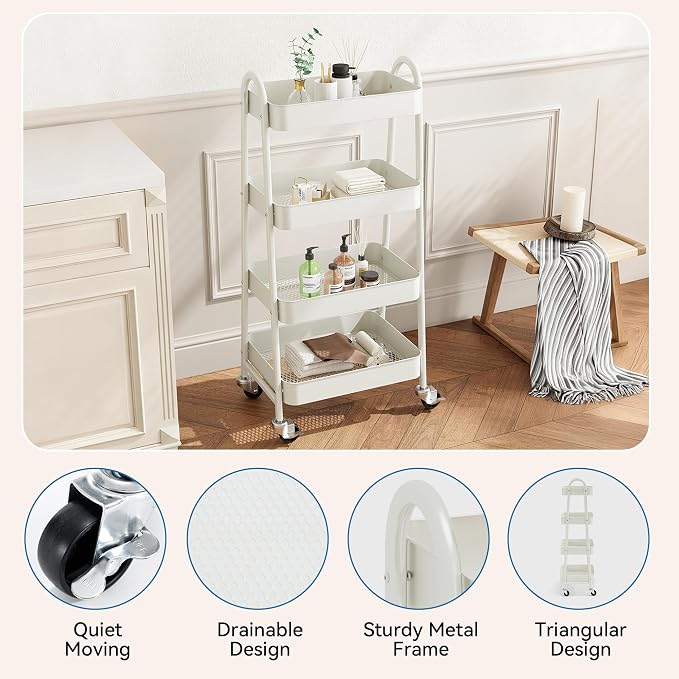 OLIXIS Metal 4 Tiers Rolling Storage Utility Cart with Lockable Wheels | Mobile Organizer Shelf, Space-Saving, Freestanding, Bathroom, Living Room, Slim, Narrow Corner Spaces, White - Image 2