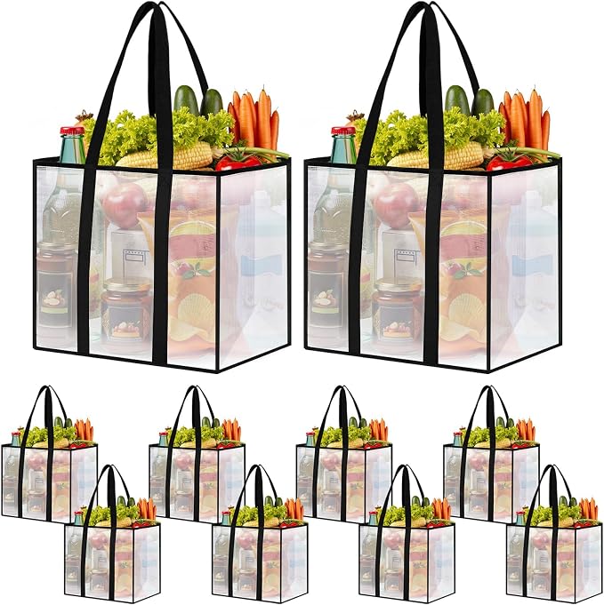 Reusable Grocery Bags, Clear Shopping Bags, 10 Pack, 42L | Heavy-duty, 66-lb capacity, reinforced handles, stands upright, foldable, water-resistant, wipe-clean, visible contents by Unknown