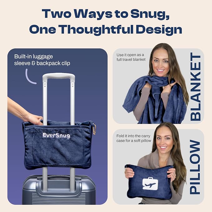 EverSnug Travel Blanket and Pillow - Premium Soft 2 in 1 Airplane Blanket with Soft Bag Pillowcase, Hand Luggage Sleeve and Backpack Clip (Navy Blue) - Image 2