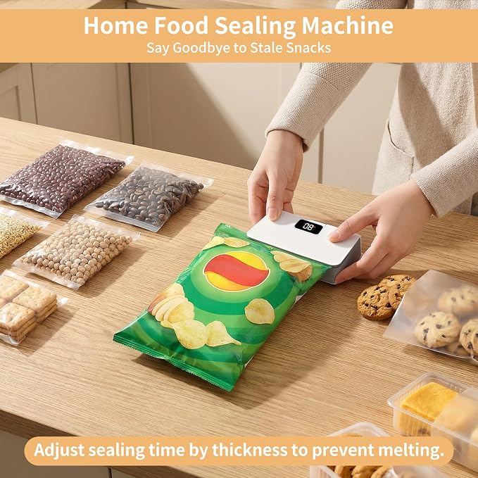 Mini Rechargeable Bag Sealer with LED Display for Food Storage | 6 adjustable heat levels, portable design, built-in cutter, magnetic base, works for all plastic food & snack bags - Image 2