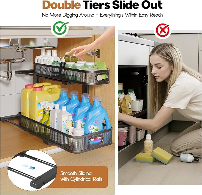 2 Pack 21.3IN-Depth Under Sink Organizer with Smooth Cylindrical Rail,2-Tier Pull Out Multi-Purpose Cabinet Storage for Bathroom&Kitchen,Height Adjustable,Rust-Resistant Coating-Black - Image 3
