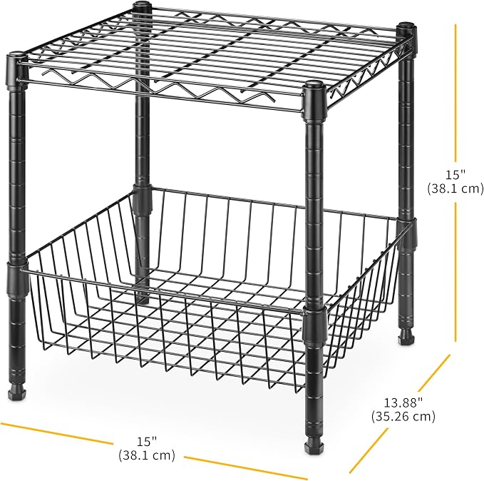 Whitmor 2 Tier Metal Storage Shelves, Heavy Duty Shelf with Basket, 350 lbs Capacity per Shelf, 700 lbs Total, Home Organizer for Kitchen, Garage, Bathroom, 15" L x 14" W x 15" H, Black - Image 3