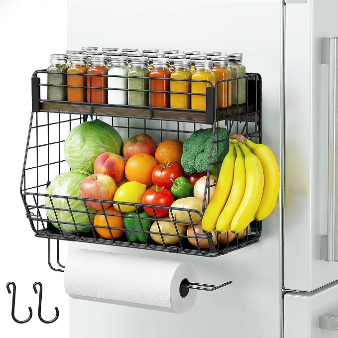 Magnetic Spice Rack for Fridge with Paper Towel Holder 2 Hook, Fruit Basket | Kitchen Storage and Organizer, Full‑Enclosed Magnetic Shelf 33 lbs for Laundry, Pantry, Coffee Bar and RV by CCWOFF