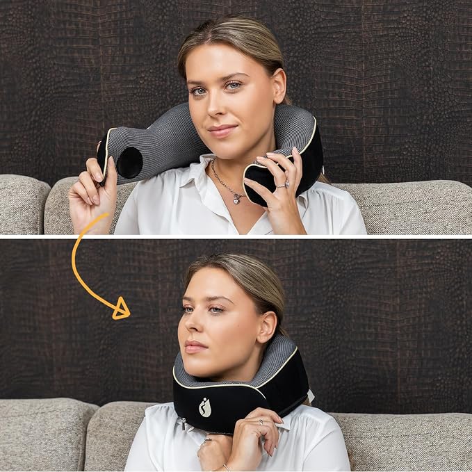 Neck Pillow Airplane - Travel Pillow - Comfortable and Ergonomic Memory Foam - Airplane Pillow with 360° Head & Neck Support - Black - Image 9