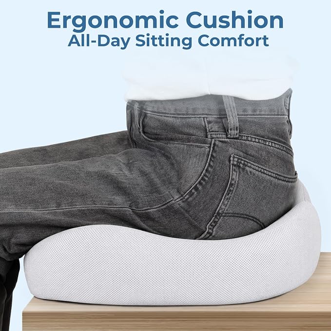 5 STARS UNITED Seat Cushion - Memory Foam Chair Cushion for Tailbone Pain Relief - Ergonomic Support for Coccyx, Sciatica & Butt - Office, Desk & Gaming Chair, Car Seat, Wheelchair, Light Gray Mesh - Image 4