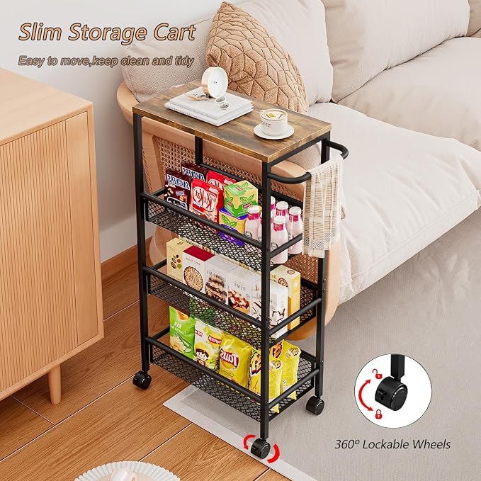 Slim Rolling Cart 4 Tier Narrow Storage Cart on Wheels with Handle | Lockable Wheels, Wood Top Panel, Metal Frame Utility Carts for Kitchen, Dining, Living, Home Office, Laundry Room - Image 4