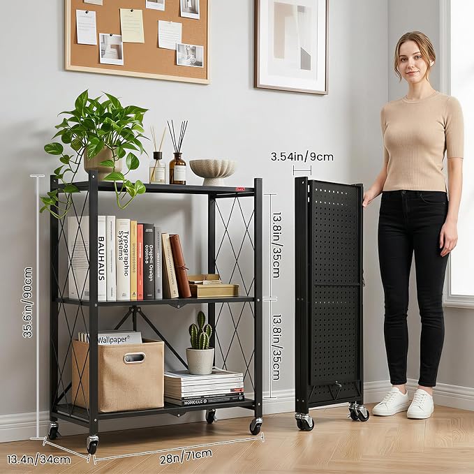 DEANIC 3 Tier Foldable Storage Shelves with Wheels, Kitchen Appliance Stand, Freestanding Metal Wire Shelf Rack, No Assembly Organizer Rolling Cart for Garage, Basement, Pantry (Black) - Image 3