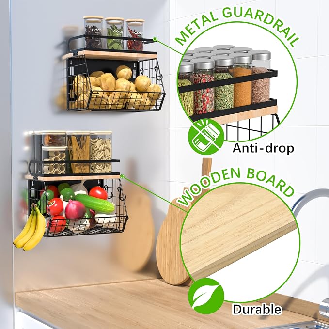 Magnetic Spice Rack for Refrigerator, Fruit, Potato & Onion Storage Bin,Large Capacity Magnetic Shelves for Side of Refrigerator, Kitchen Organizers and Storage Countertop,2 Pack Black - Image 4