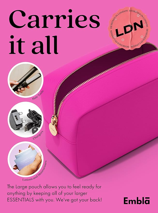 Embla Large Makeup Bag and Waterproof Nylon Travel Toiletry Bag, Large Capacity Cosmetic Zipper Pouch, Fuchsia Pink - Image 5