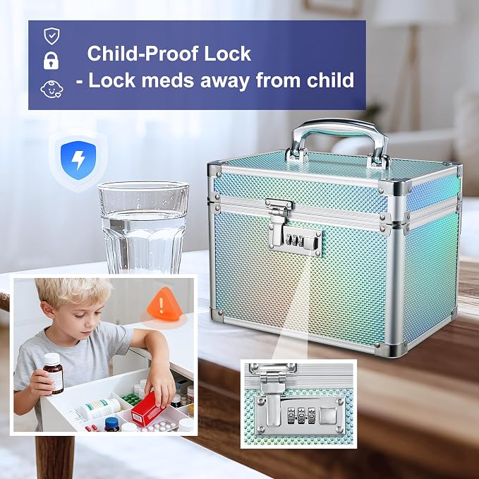 Lockable Medicine Storage Box - Turquoise Cabinet Med Lock Organizer, 10 x 7 x 7.9 Inches Safe Med Case with Lock for Home, Dorm, Office, or Travel - Image 4
