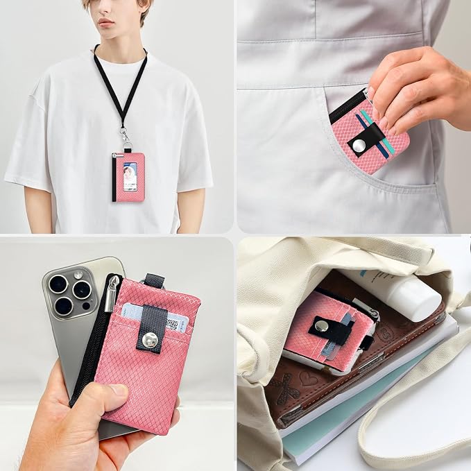Minimalist RFID Blocking Small Wallet with ID Window,WaterResistant Zip Id Case Wallet with Lanyard Keychain for Cards,Cash,Travel,Women,Men (Pink) - Image 9