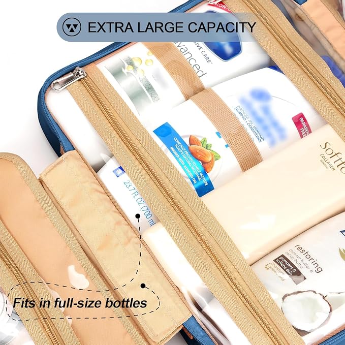 Travel Hanging Toiletry Bag for Women, Extra Large Makeup Bag, Holds Full-Size Shampoo, with Jewelry Organizer Compartment, Waterproof Cosmetic Bag, Toiletries Kit Set with Trolley Belt, Navy Blue - Image 4