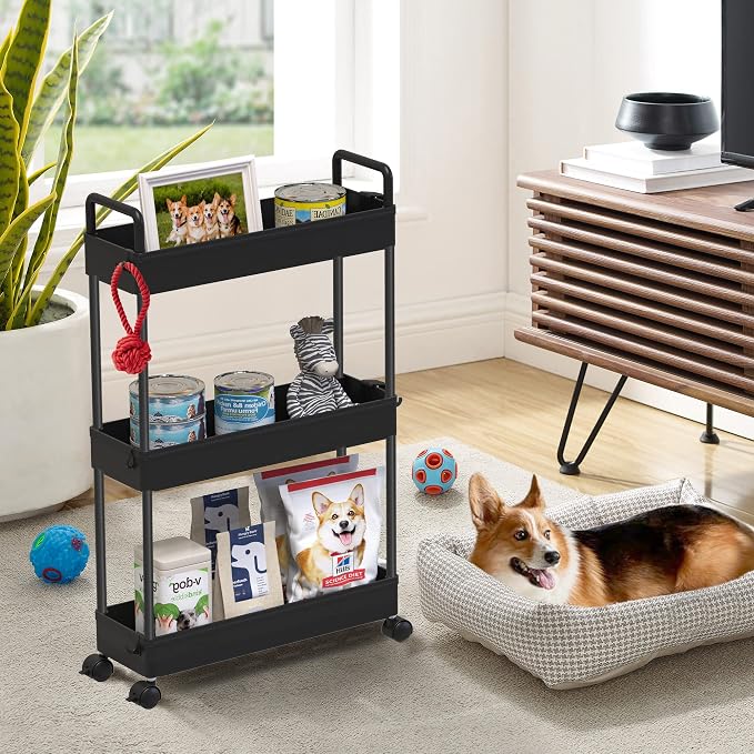 SOLEJAZZ Slim Rolling Storage Cart Skinny Bathroom Organizer, 3 Tier, Black | Thin utility cart with wheels for bathroom, laundry room, bedside, kitchen, dorm, office, next to fridge, small narrow places - Image 6