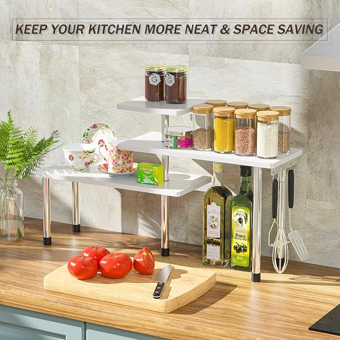ZHWS Bathroom Counter Organizer Corner Shelf – Bathroom Organization Bamboo 3 Tier Spice Rack Makeup Organizer Bookshelf Space Saving Rack Kitchen Office Living Room (White) - Image 5