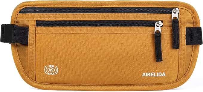 RFID Blocking Money Belt - Passport Holder & Travel Wallet, Slim Hidden Fanny Packs for Women Men - Gold by AIKELIDA
