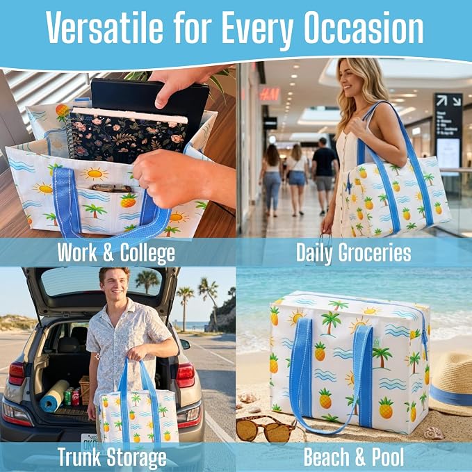 VENO 2 Pack Utility Tote Reusable Grocery Bags with Zipper & Hard Bottom | Heavy Duty Foldable Water-Resistant Shopping Bags for Summer Beach, Pool, Picnic & Travel Carry-on (Tropical Island, 2 Pack) - Image 5