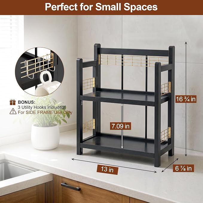 No-Assembly Coffee Bar Organizer, 2-Tier Coffee Station Shelf | Foldable Oak Wood Shelf, Coffee Station Accessories Storage for Syrup & Pods, 3 Hooks for Mugs, Kitchen Spice Rack, Black - Image 4