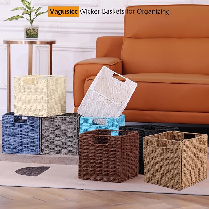 Wicker Storage Basket, Set of 2 Hand-Woven Paper Rope Storage Baskets, Foldable Cube Storage Organizer Bins, 11 Inch Wicker Storage Baskets for Shelves and Decor, Square Storage Basket, Beige - Image 6