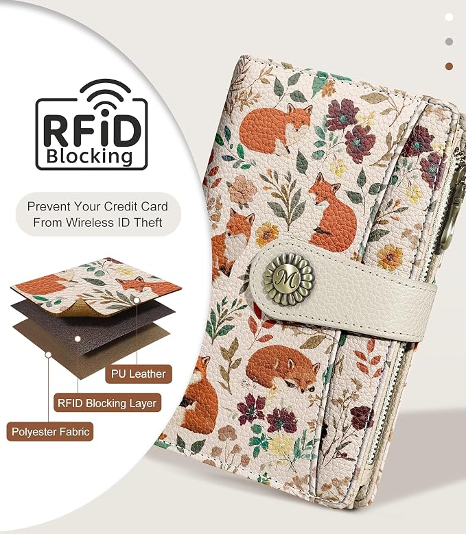 Fox Wallet Women RFID, Passport Holder, Small Credit Card Holder | 6.7" x 4.4" x 1.3" Bifold, Travel billfold, Zipper Pocket, PU Leather, Clutch, Purse, ID Window, Pen Holder, Gift Ladies Girl - Image 4